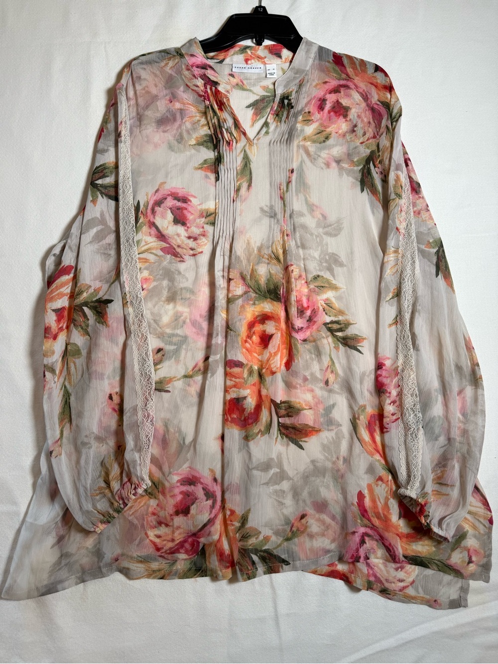Susan Graver Sheer Floral Pintuck Blouse - Pink, Coral, Green